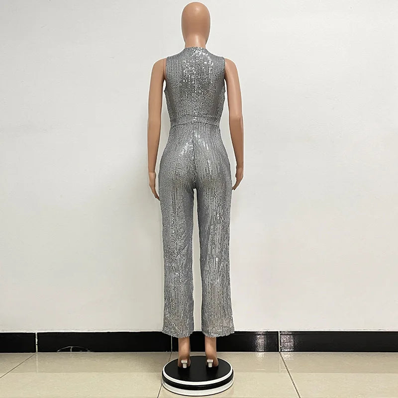 Elegant Silver Sequined Straight Cut Jumpsuit for Women