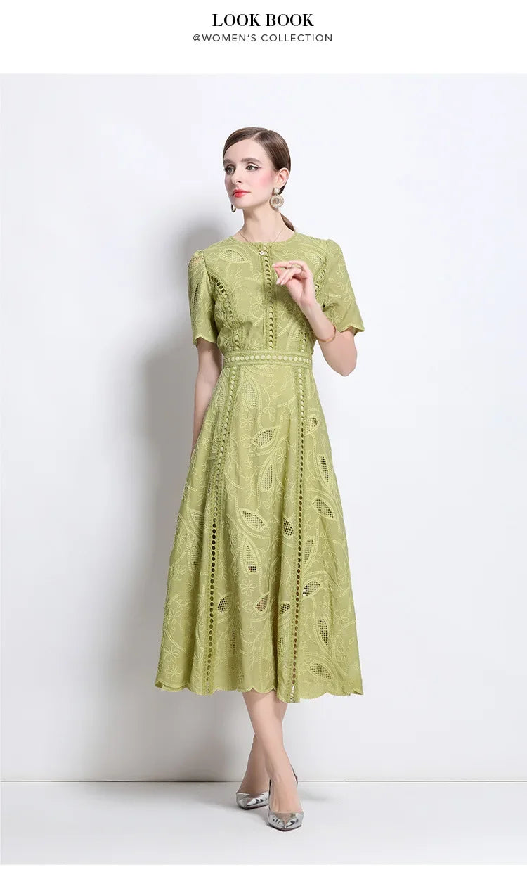 Elegant Lace Sleeve Midi Dress Women's round Neck Gored Skirt Short Sleeve Slimming Summer New Style Vintage High-End Feeling