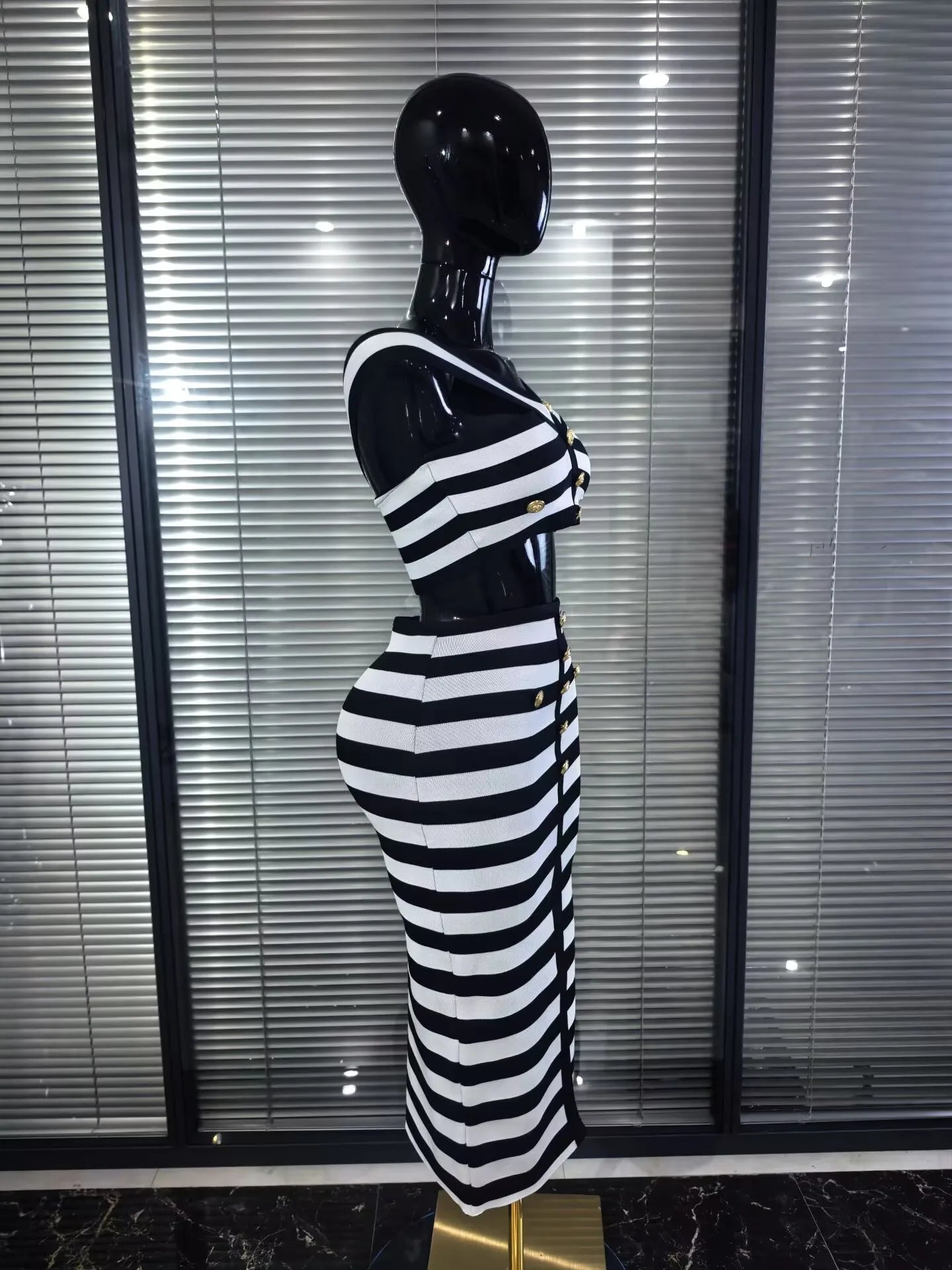 High Quality Women Sexy Slash Neck Striped 2 Pieces Bodycon Midi Bandage Dress Nightclub Party Celebrate Evening Clothing