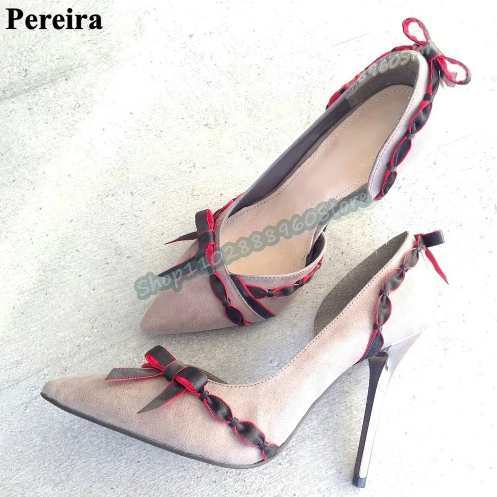 Casual Suede Shallow Bowknot Strip Pumps Stilettos High Heel Women Shoes Slip On Pointed Toe Stylish Party Zapatos Para Mujer