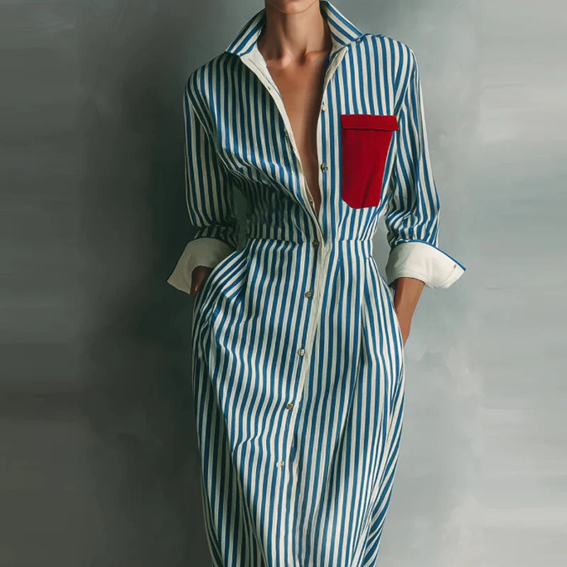 Casual Long Sleeve Stripe Print Dresses Fashion Turn Down Collar Pocket Shirt Dress Women Elegant Button Hight Waist Long Dress