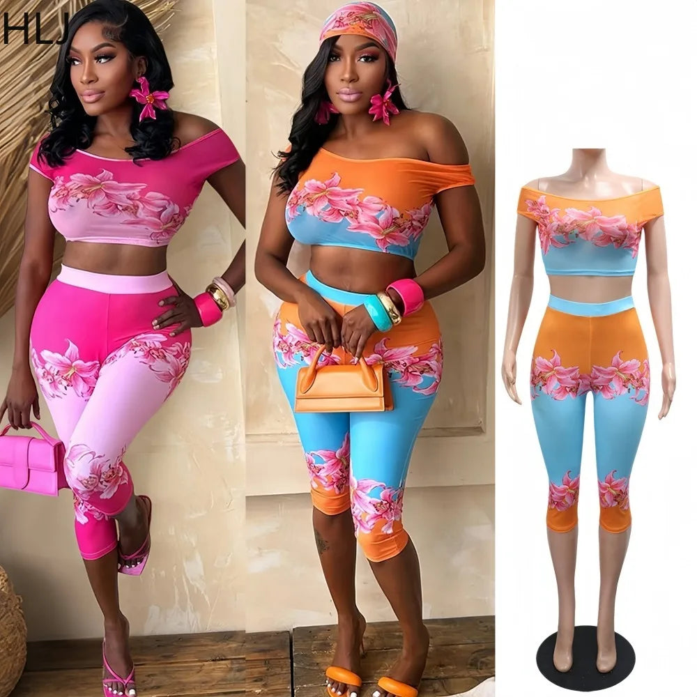 Casual Floral Print Off Shoulder Two Piece Set for Women