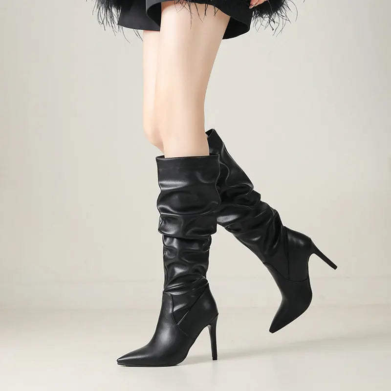Pleated Stiletto Pointed Toe Boots