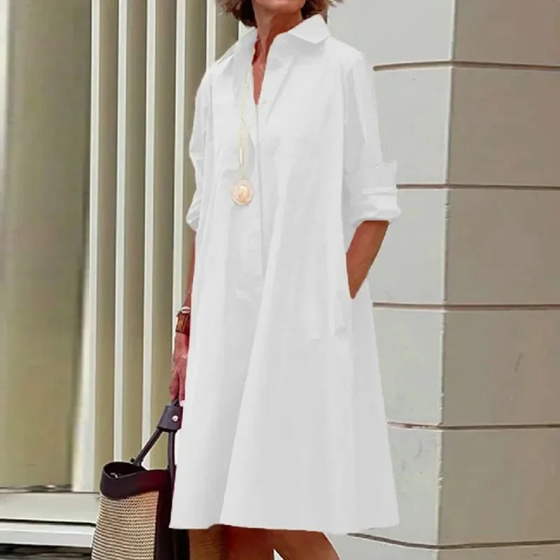 Yeezzi 2025 New Women's Lapel Shirts Dress Fashion Simple Solid Color Long Sleeves Loose H-line Casual Office Midi Dresses