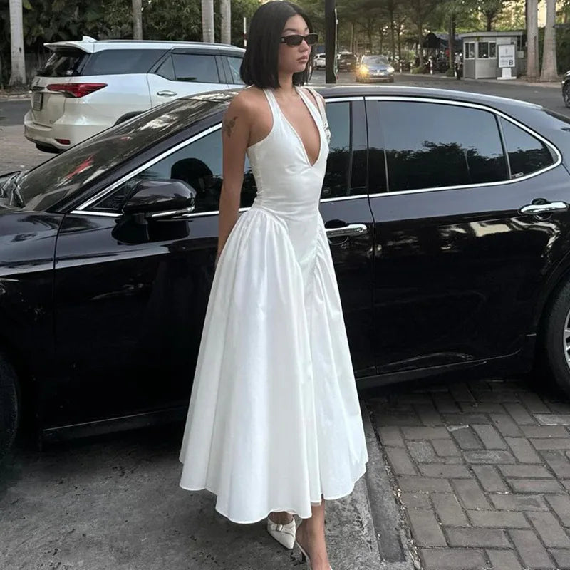 Elegant Halter V Neck Backless Maxi Dress For Women