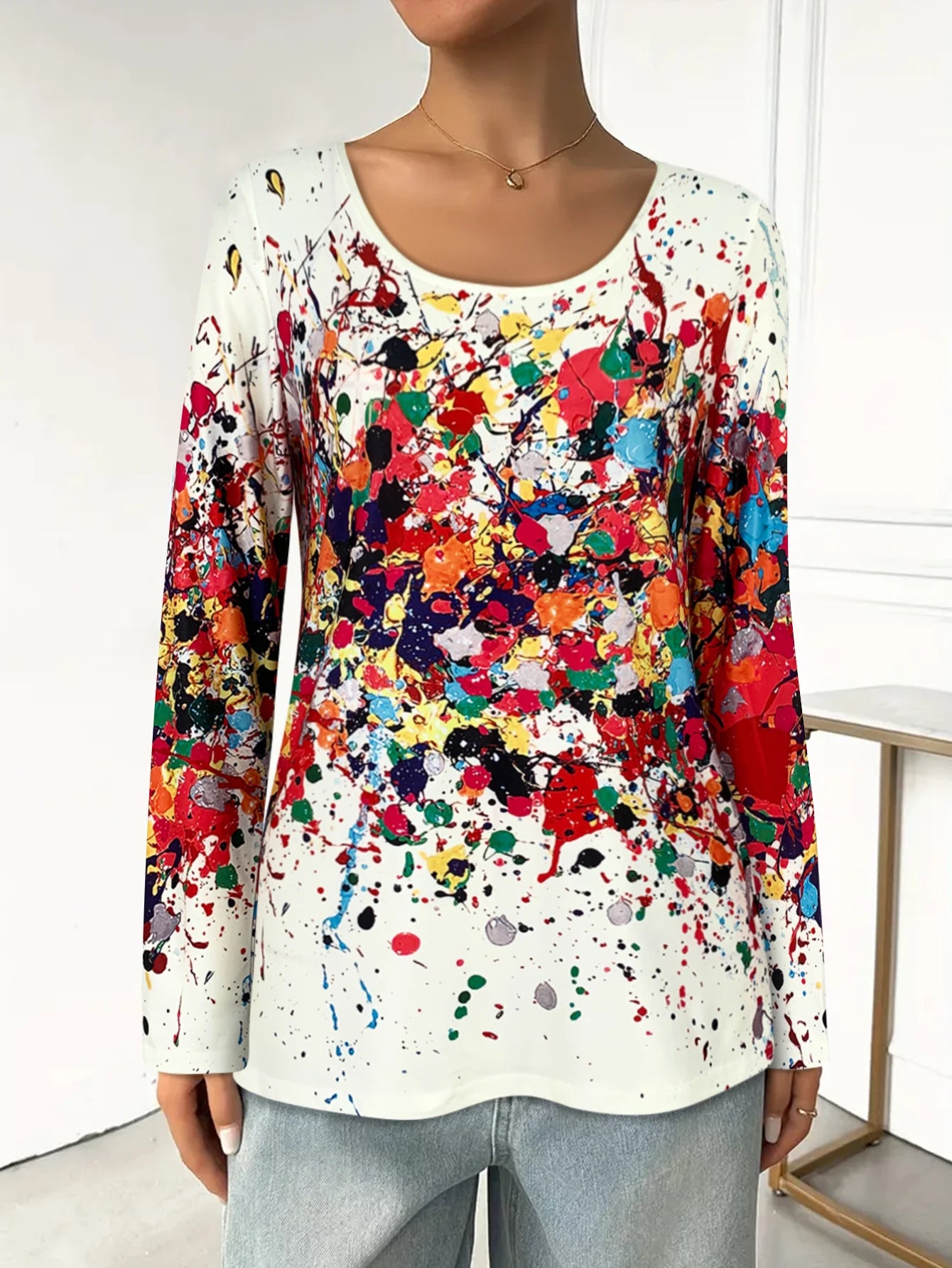 Women's Splatter Print Long - Sleeve T - Shirt, Round Neck, Multicolor Design, Great for Everyday & Fashion - forward Looks