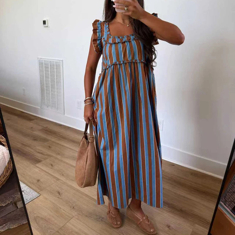 Striped Ruffle Trim Ankle Length Casual Dress for Women