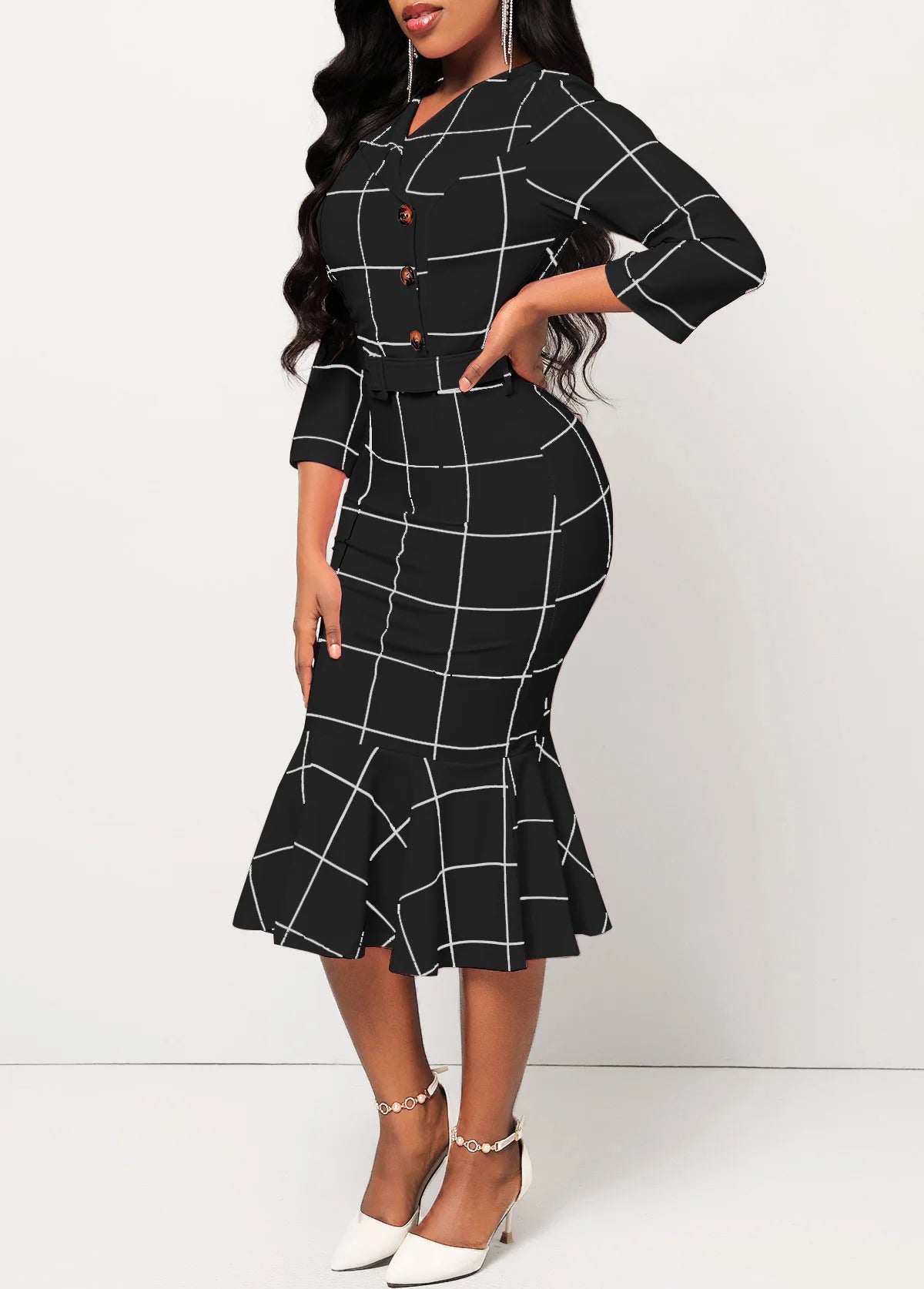 Sexy fashion solid color seven-quarter sleeve small V-neck women's dress SMR12189