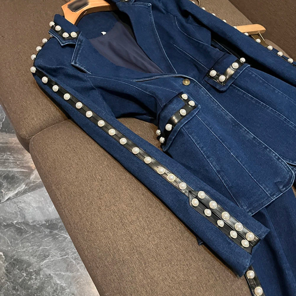 TWOTWINSTYLE Blue Denim Pearl Embellished Suit for Women Tailored Blazer Flared Pants Two Piece Set for Fashion Shows KSE559320