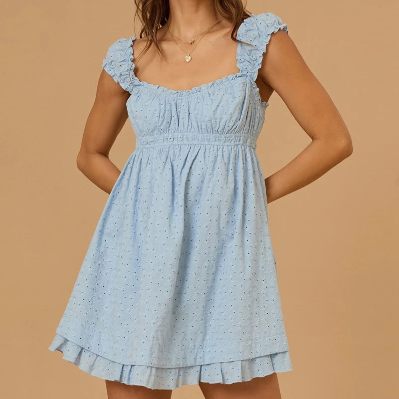 Summer Eyelet Ruffle Hem Babydoll Mini A-Line Dress for Women