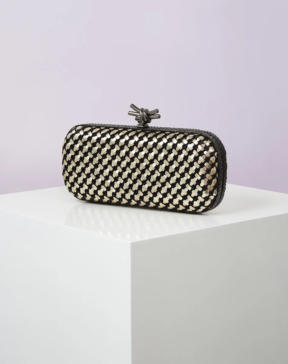 Gold Evening Clutch Bag for Women Leather and Bright Line Woven Purse Elegant Ladies Metal Knot Party Handbag Bolsas Femininas