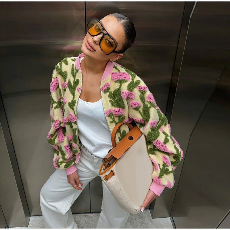 Casual Floral Print Bomber Jacket With Collar For Women