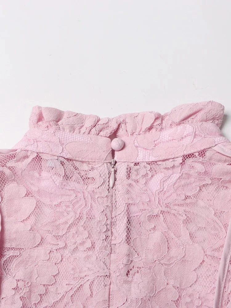 TWOTWINSTYLE Patchwork Lace Slimming Dresses For Women Stand Collar Flare Sleeve High Waist Solid Elegant Dress Female Fashion