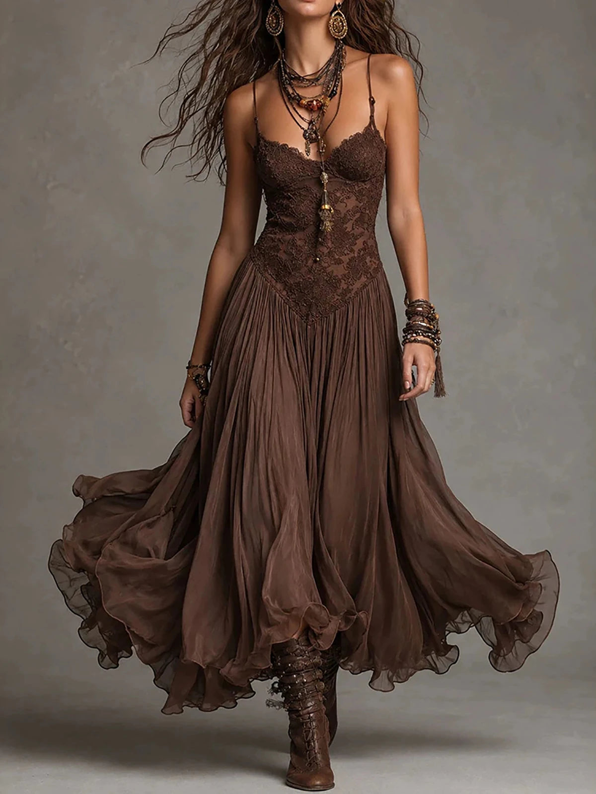 Boho Sheer Lace Midi Dress