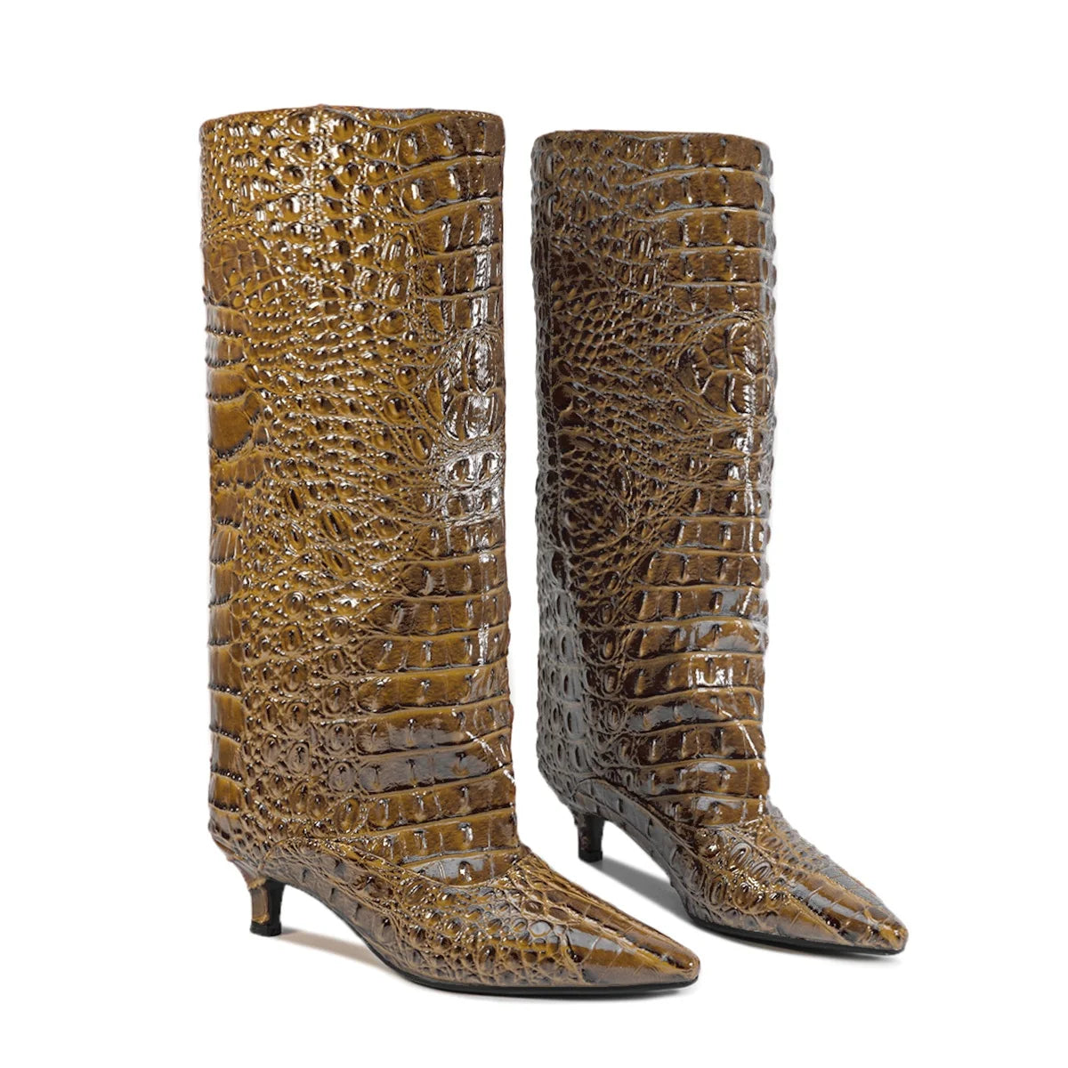 Crocodile Print Wide Shaft Kitten Heel Knee High Boots for Women