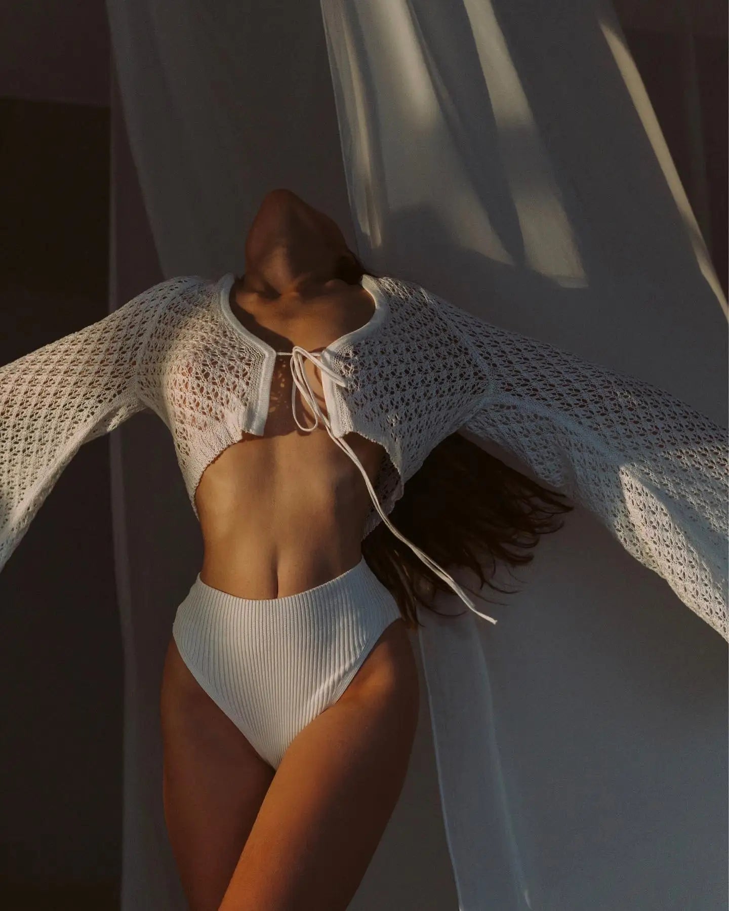 Sexy Knit Set White Cut Out Swimsuit Cover Up 2025 Women's Summer Bell Sleeve Lace-up Loose Top Beach Half Skirt Two-piece K136