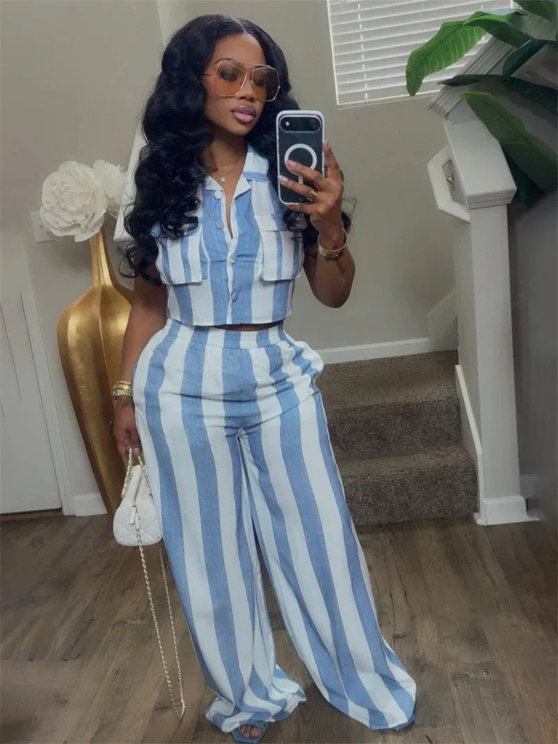 Striped Two Piece Shirt And Wide Leg Pants Set for Women