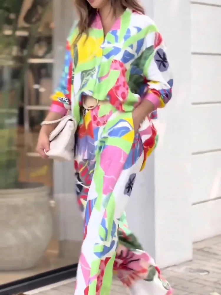 Loose Printed Shirt And Wide Leg Pants Set for Women