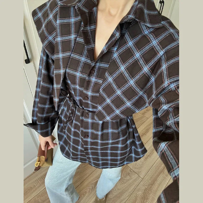 Elegant Plaid Patchwork Long Sleeve Shirt for Women