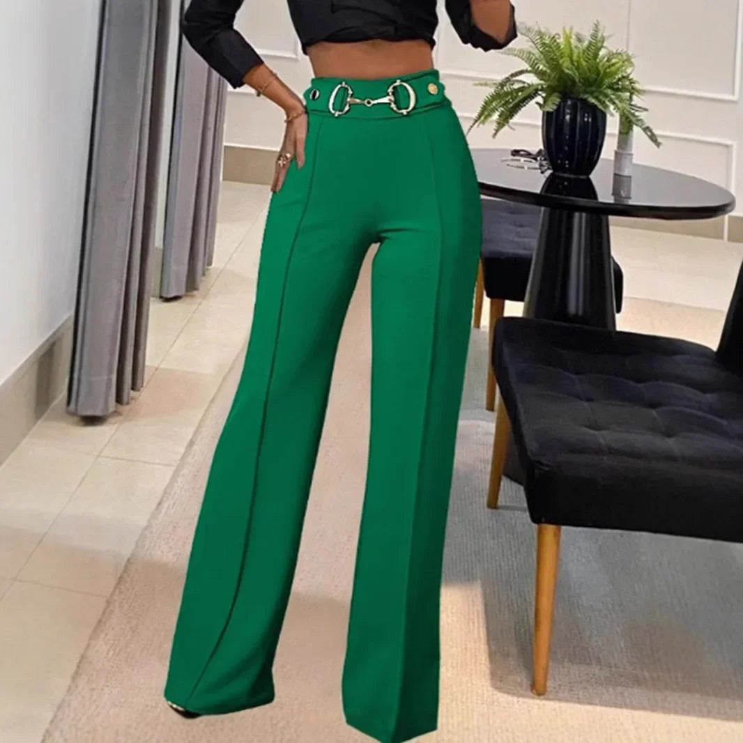 Fashionable High-Waisted Metal Buckle Decorated Solid Color Women's Straight-Leg Trousers New Style Independent Station Clothing