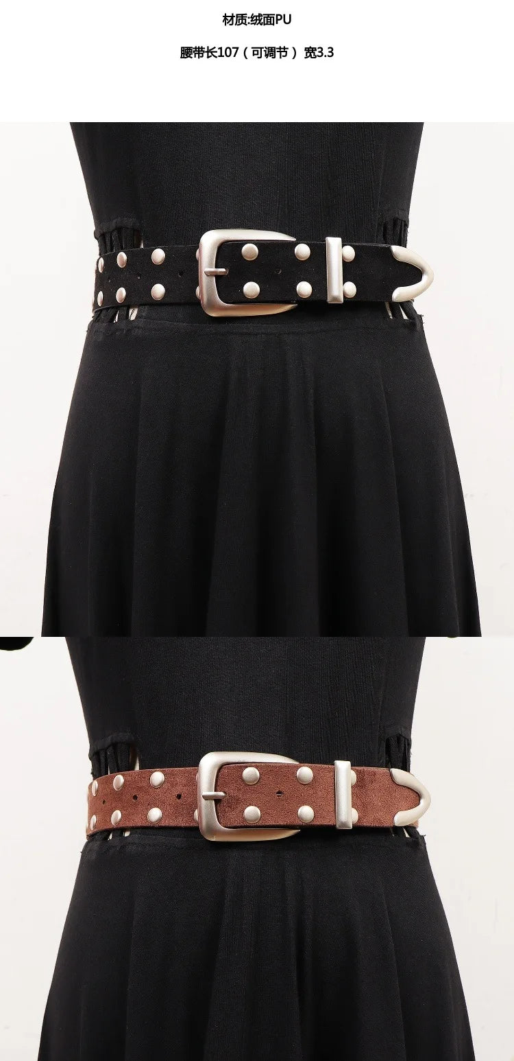 Retro Solid Color Suede Rivet Waist Belt for Women