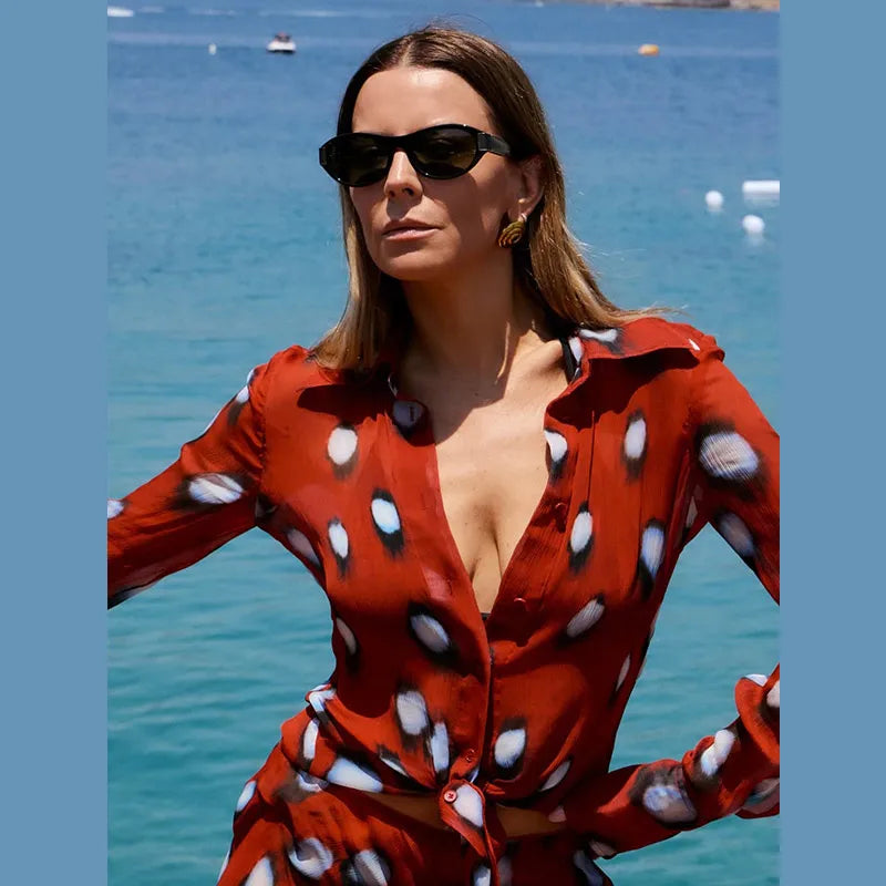 Elegant Vacation Print Shirt and Pants Set for Women