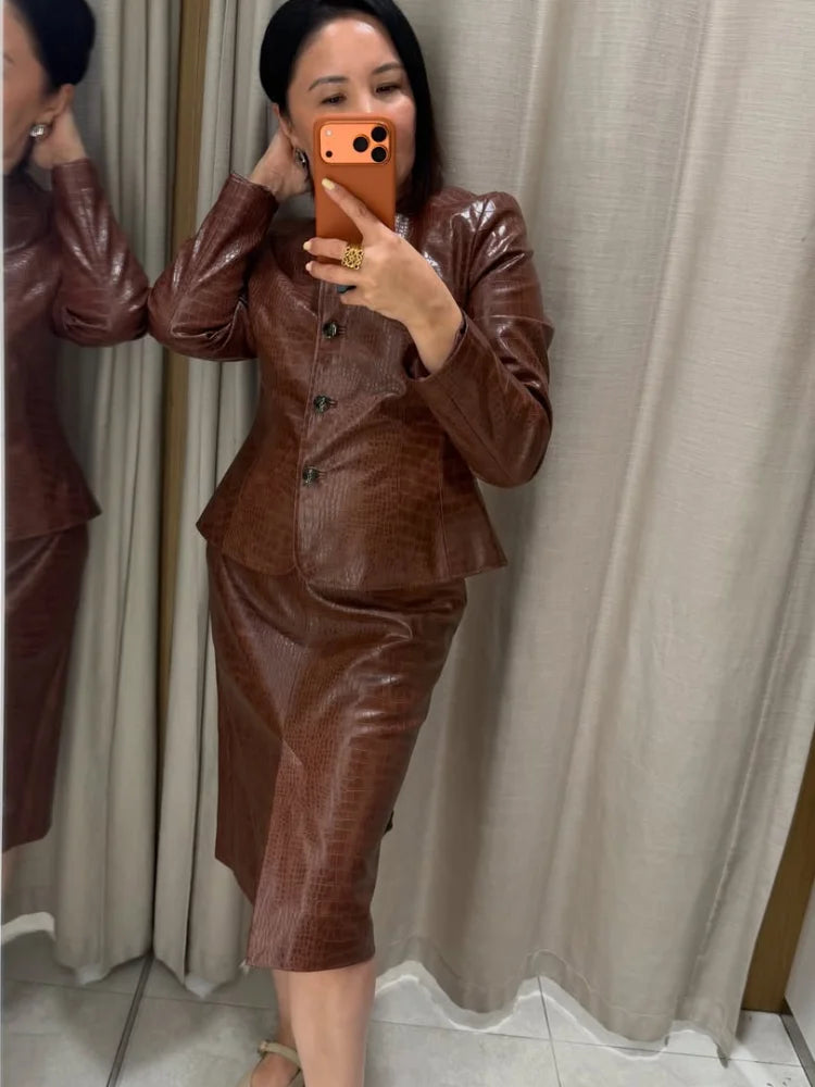 Slim Fit Single Breasted Faux Leather Jacket for Women