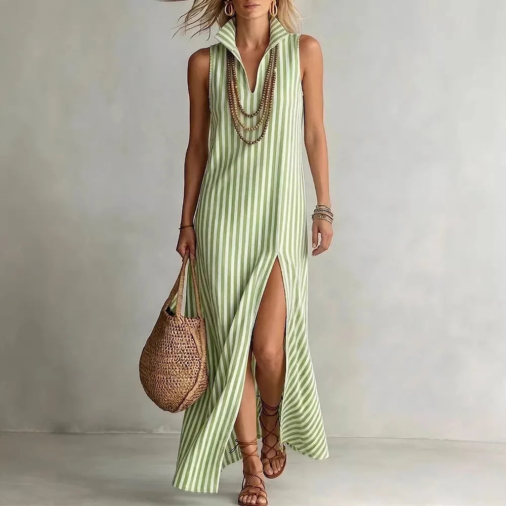 Striped Lapel Collar Sleeveless V Neck High Slit Maxi Dress for Women