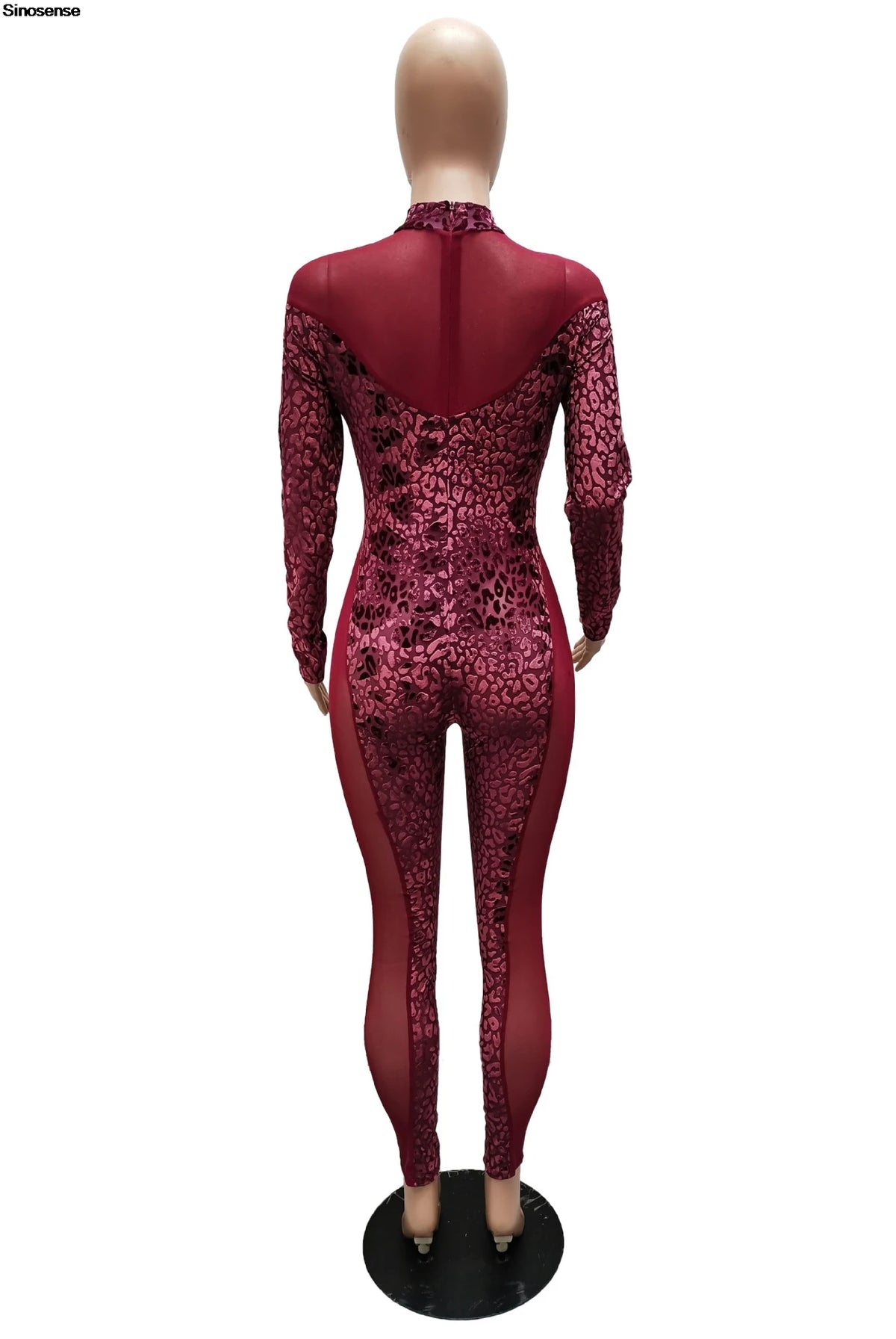 Sheer Leopard Mesh Jumpsuit With Long Sleeves for Women