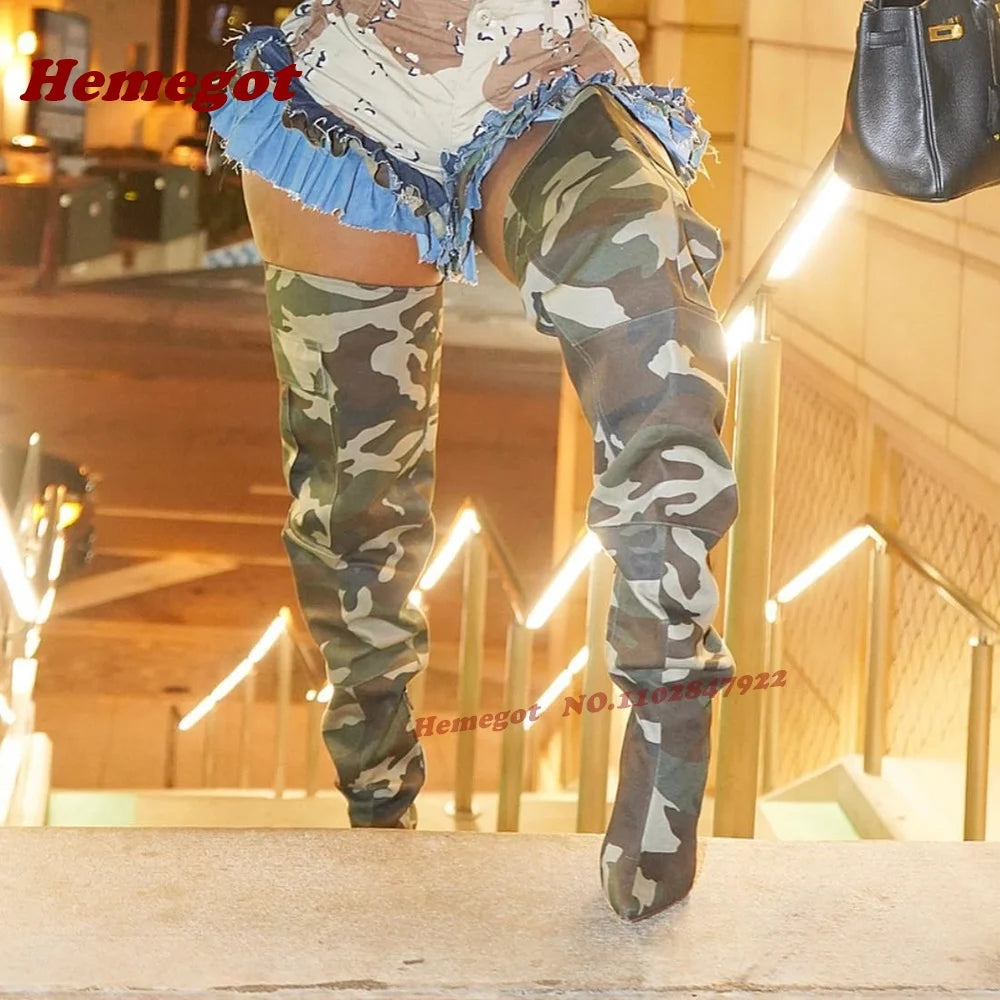 Camouflage Pocket Decor Pointy Toe Over The Knee Boots for Women