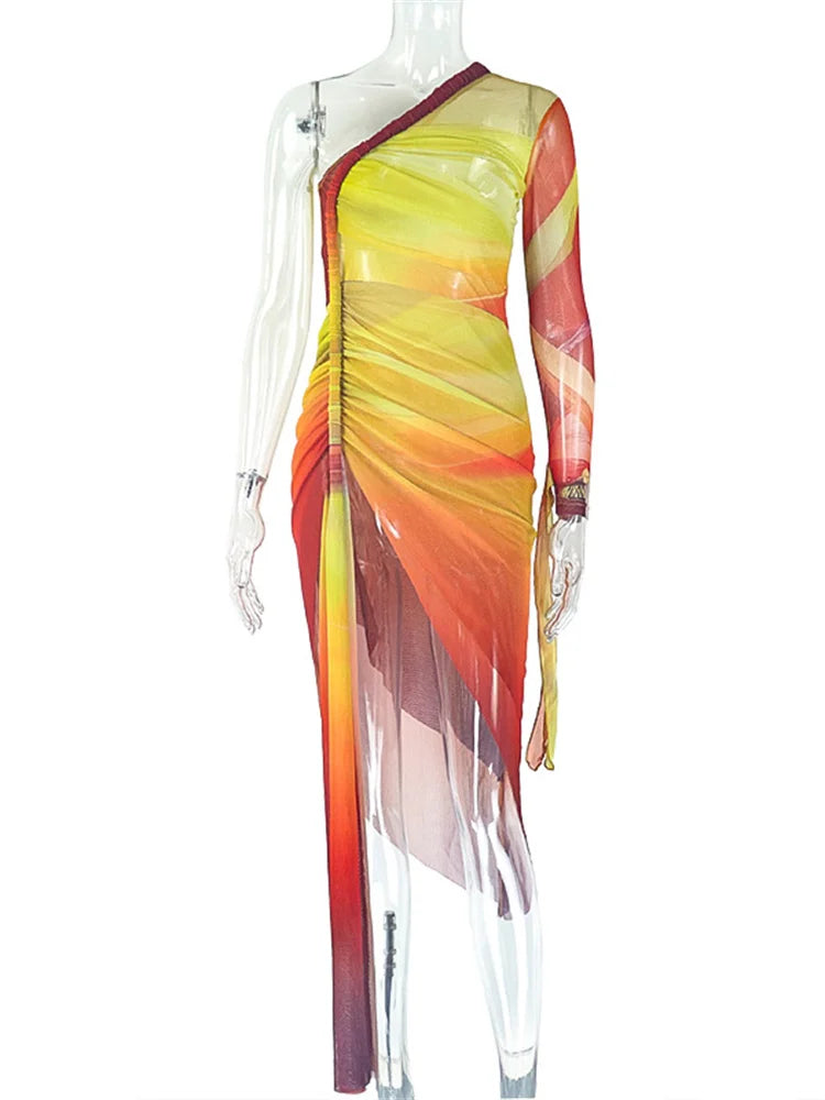 Elegant Gradient Mesh Shirred Midi Dress for Women