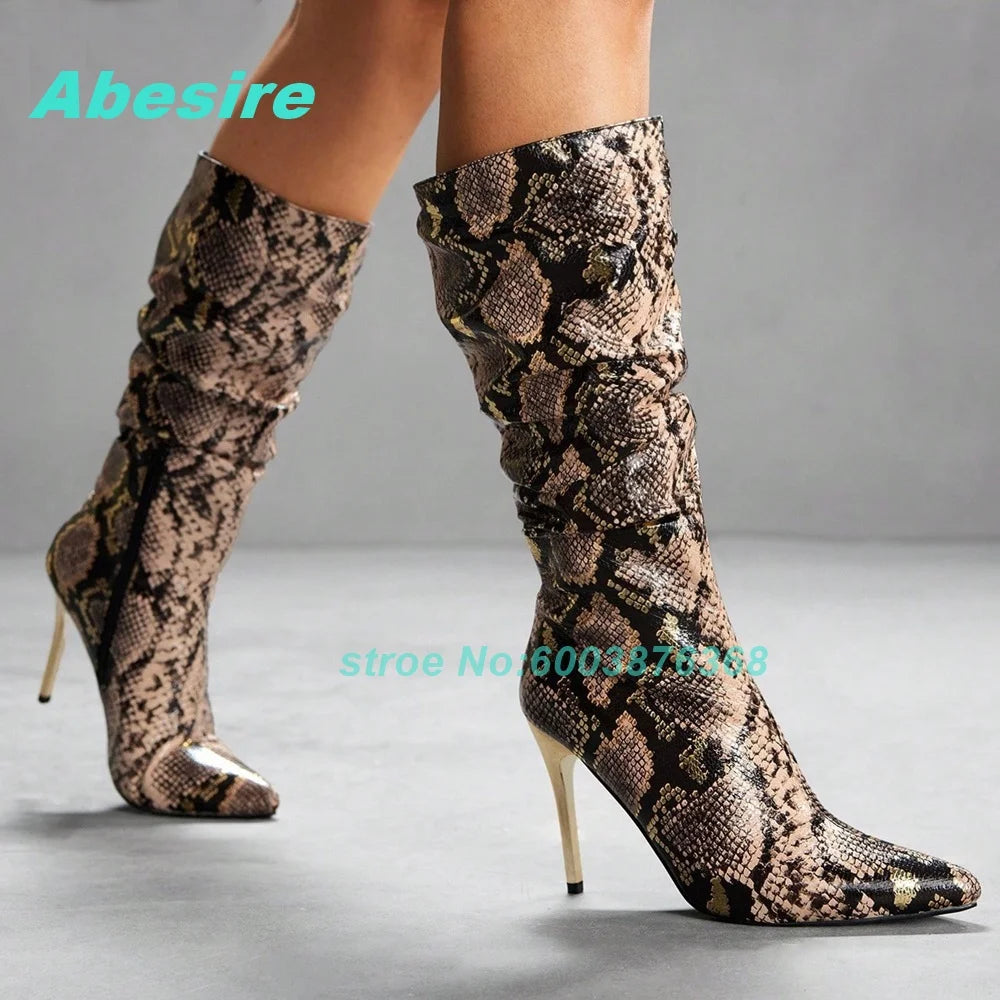 Snake-Pattern Pleated Patchwork Knee High Boots Pointed Toe Thin Heels Back Zipper Shoes for Women Spicy Girls Retro Shoes New