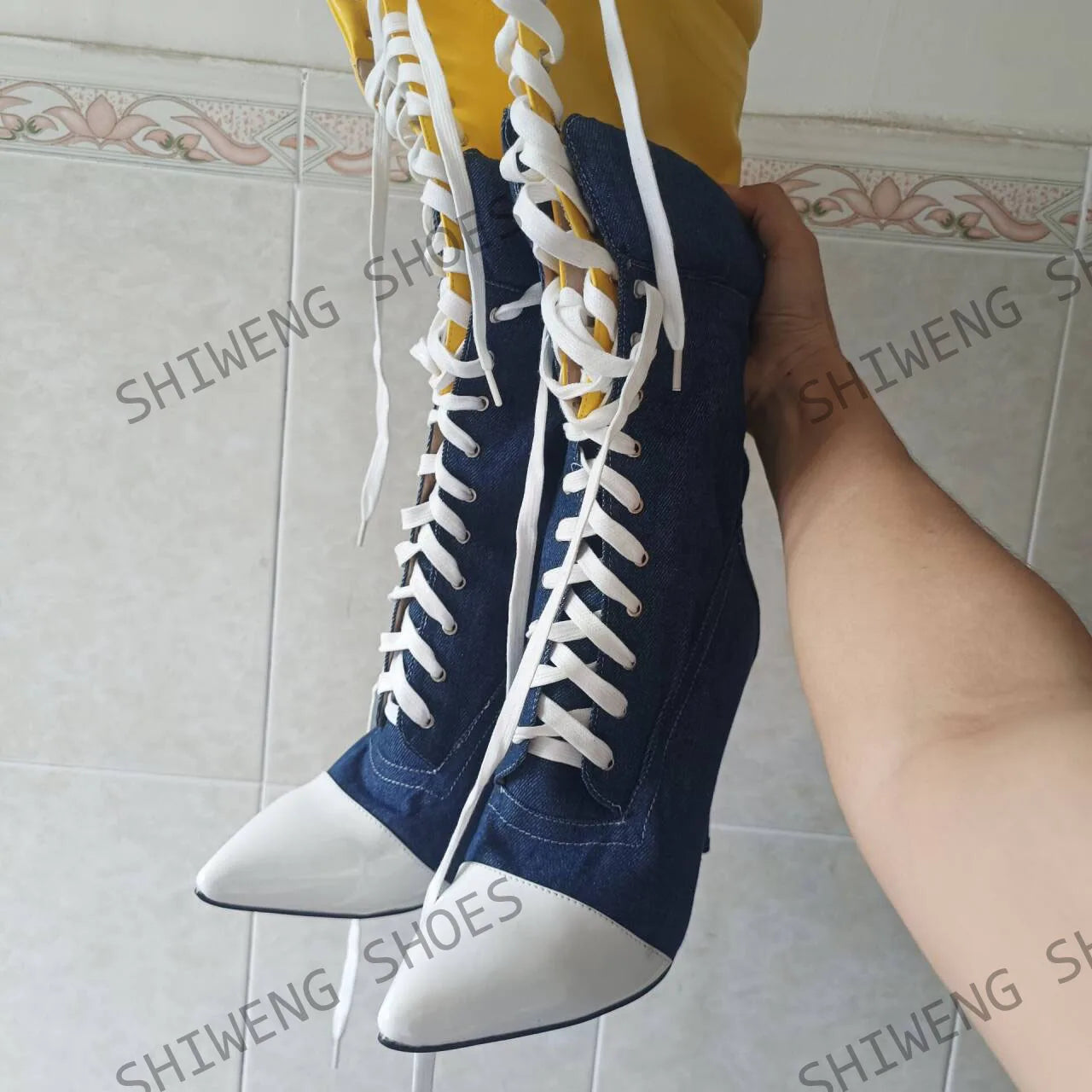 Patchwork Canvas Knee Boots