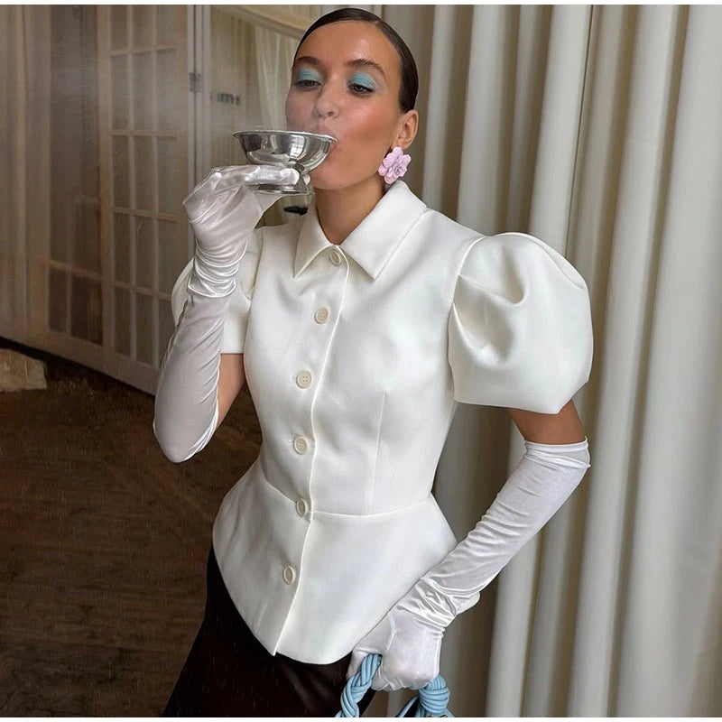Elegant Puff Sleeve Turn-Down Collar Shirt for Women