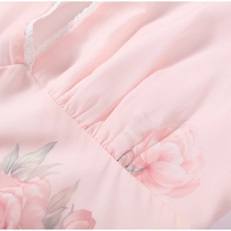 Elegant Print Pleated Puff Sleeve V Neck Long Dress for Women