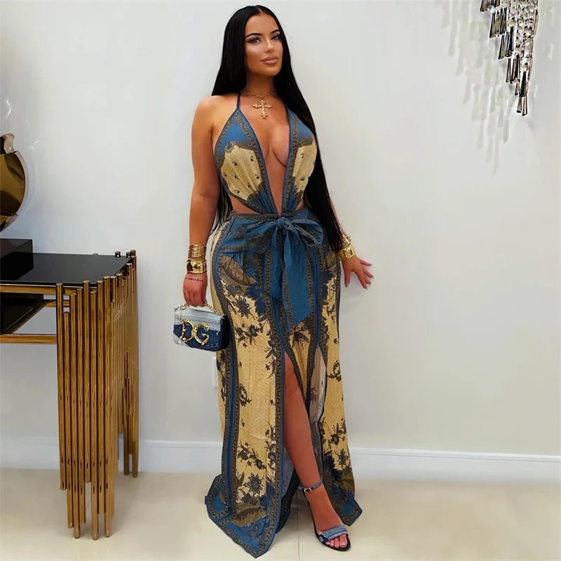 Deep V Neck Halter Sleeveless Lace Up Bow Wide Leg Jumpsuit for Women