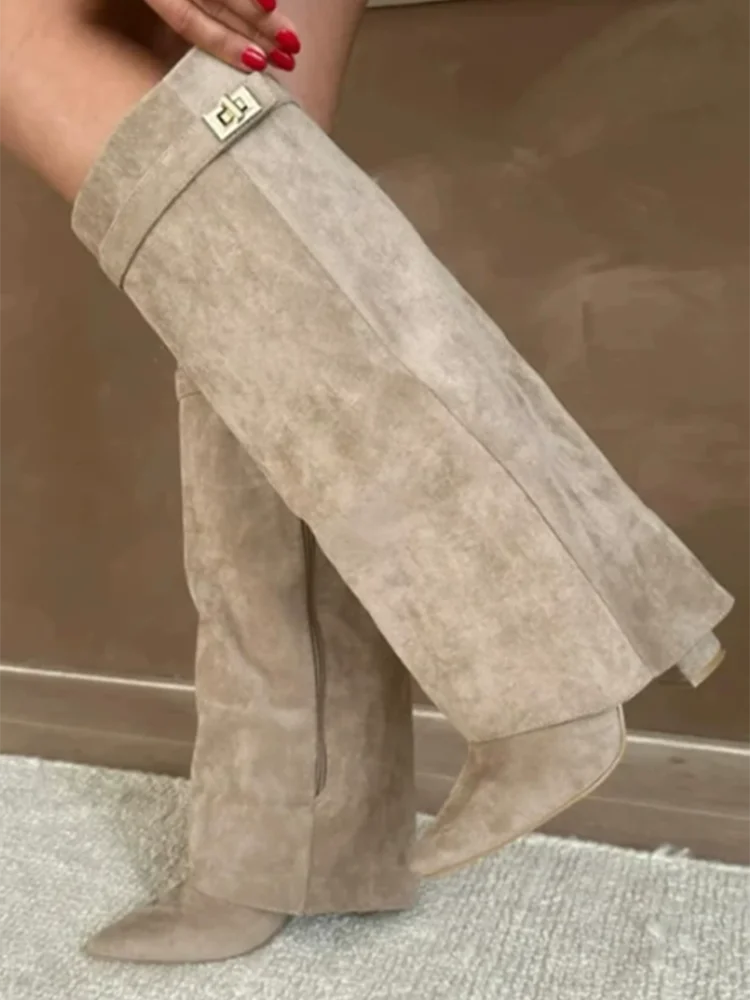 Pointed Toe Thick High Heel Mid Calf Boots for Women