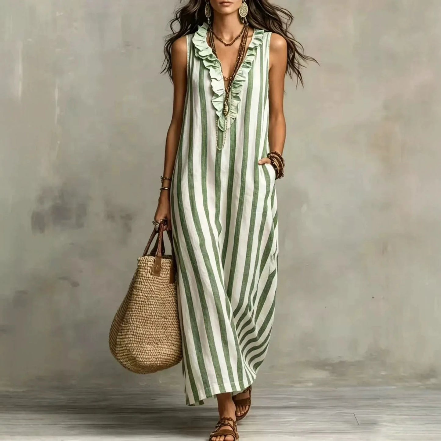 Striped V-Neck Ruffle Sleeveless Pocket Maxi Dress for Women
