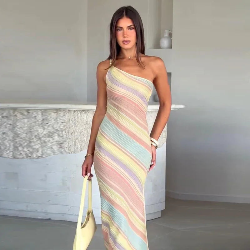 Elegant One Shoulder Printed Mid-Calf Dress for Women