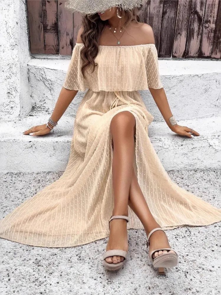 Boho Off Shoulder Short Sleeve Maxi Dress for Women