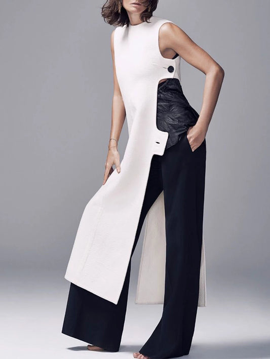 Fashion Plain Crew Neck Sleeveless Button Slit Dress Sexy Vintage Casual Chic Summer Slim Single Button High Street Long Dress