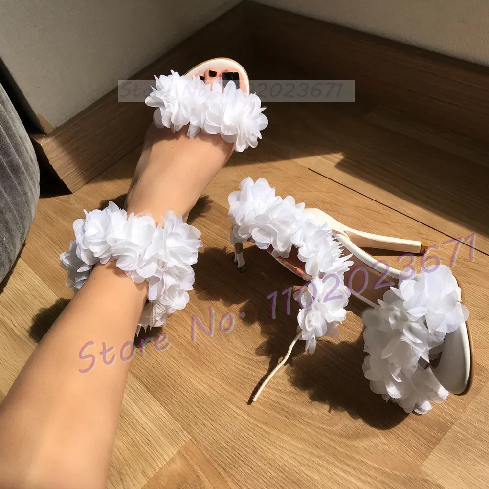 Elegant White Floral Ankle Strap Stiletto Sandals For Women