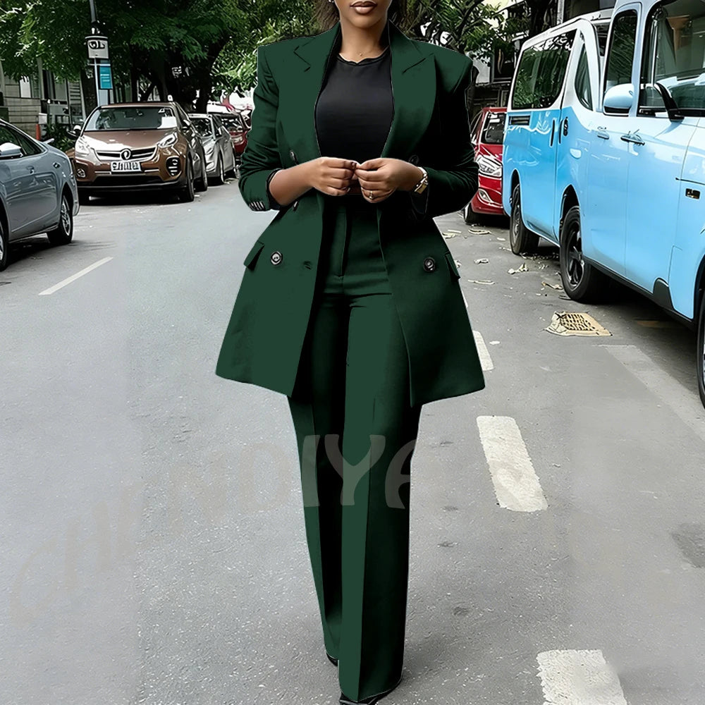 High Quality Women Suits Double Breasted Straight Formal 2 Piece Jacket Pants Peak Lapel High Street Daily Office Casual Suit