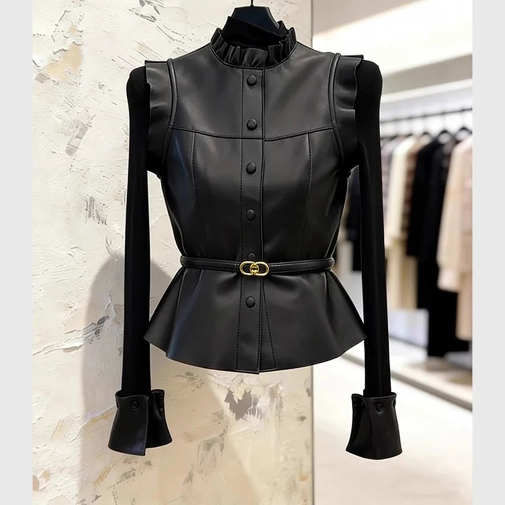 Vintage Black Ruffle Single Breasted Sleeveless Vest For Women