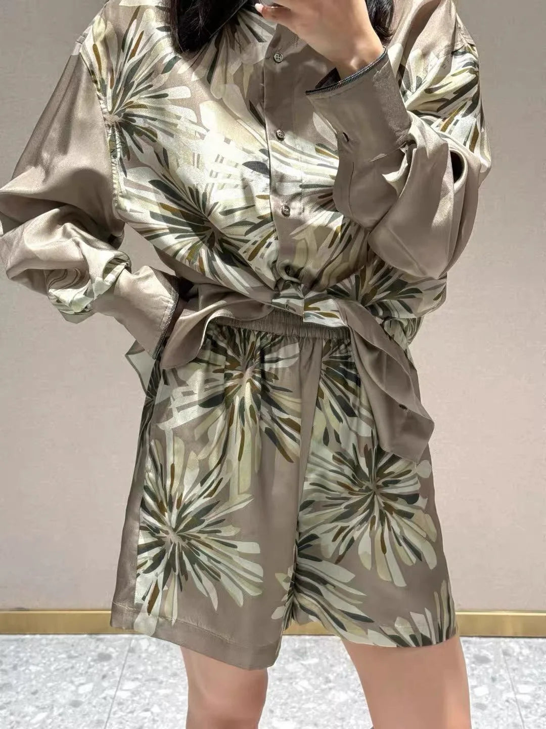 Loose Floral Print Silk Resort Five Piece Set for Women