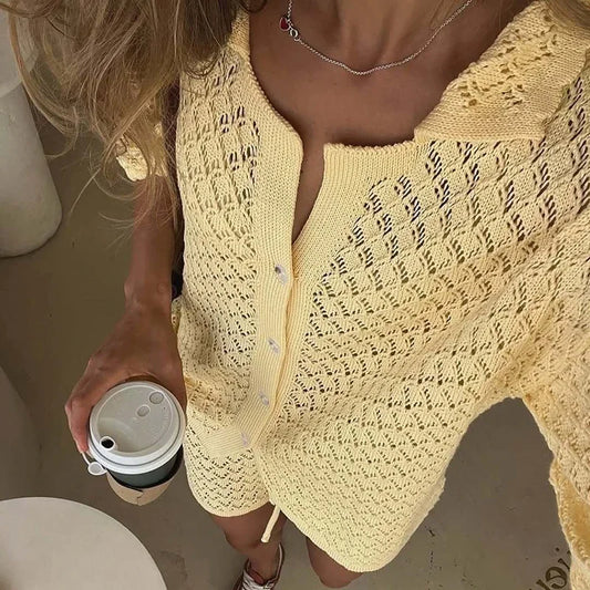 Holiday Hollow Out Knit Crochet Outfit Woman Single Breasted Lapel Shirt Top & Lace Up Short Sets Solid Spring Summer Beach Suit