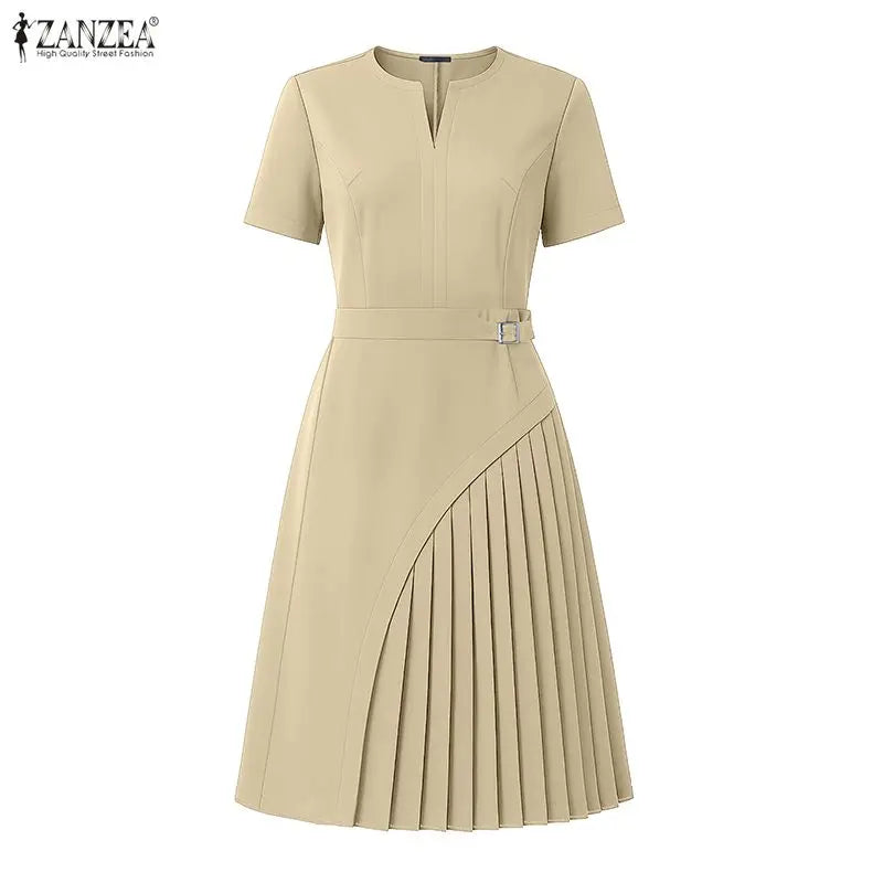 Pleated V Neck Knee Length Dress