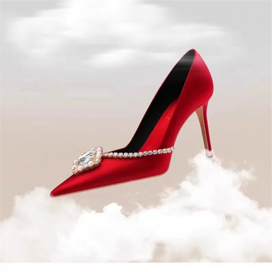 Rhinestone Pointed Toe Satin Wedding Pumps for Women