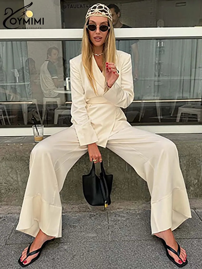 Oymimi Elegant Apricot 2 Piece Sets Women Outfit Fashion Long Sleeve Lace-Up Shirts And High Waist Straight Simple Trousers Sets