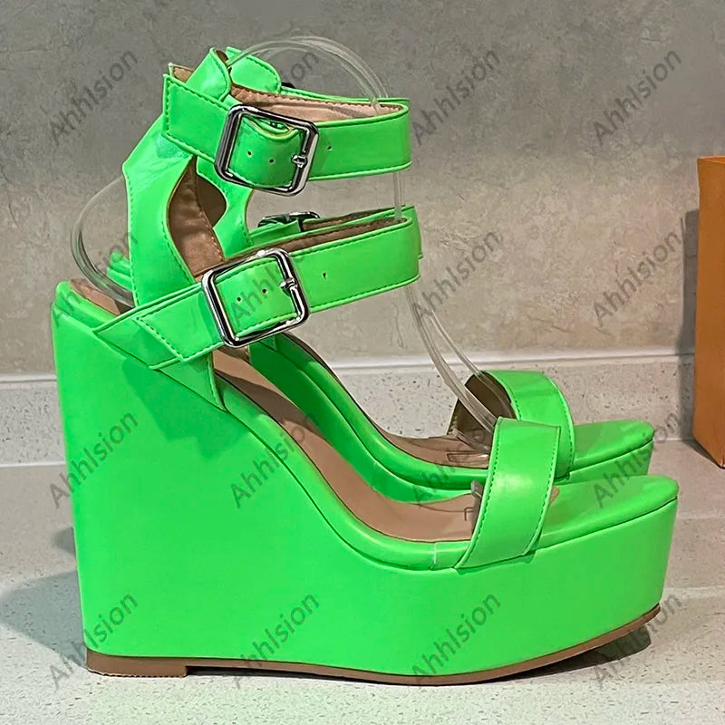 Yellow Open Toe Buckle Platform Wedge Sandals For Women
